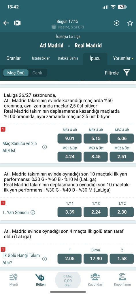 İpucu pre-match tips with markets and odds