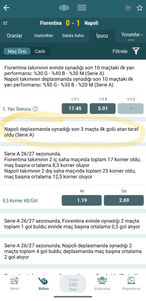 İpucu live tips during a match