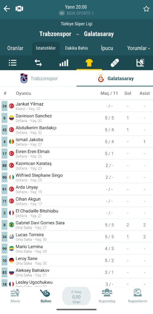 Squad list with match, goals, and assist stats