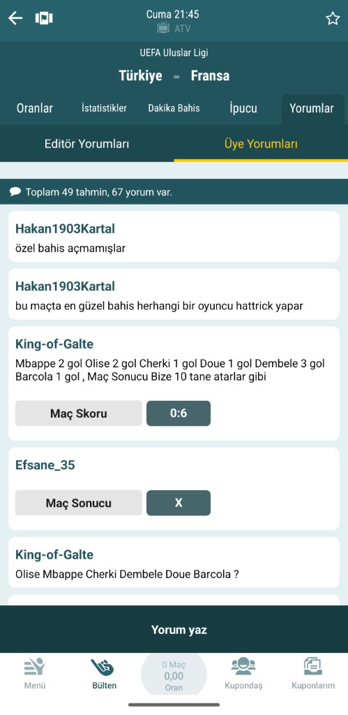 Member comments and predictions on a match