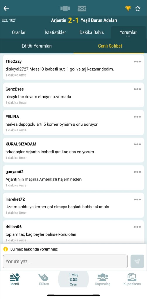 Live chat feed during a match