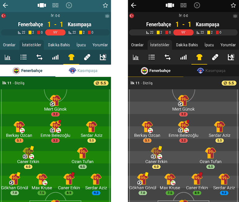 Player ratings on the field formation in light and dark mode