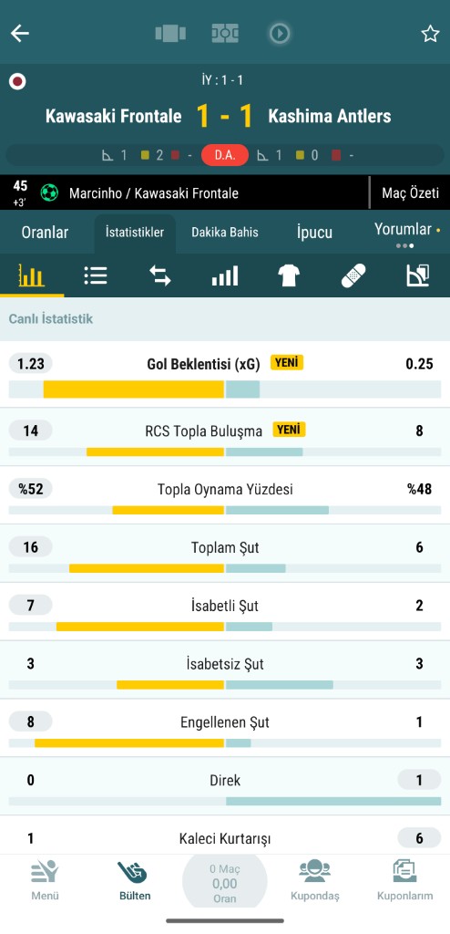 Live statistics showing xG and opposition-box touches